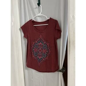 LUCKY BRAND Mandala Tee Womens Small Heathered Red Short Sleeve Aztec Hippie